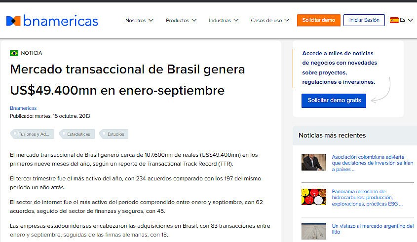 Mercado transaccional de Brasil genera US$49.400mn en enero-septiembre